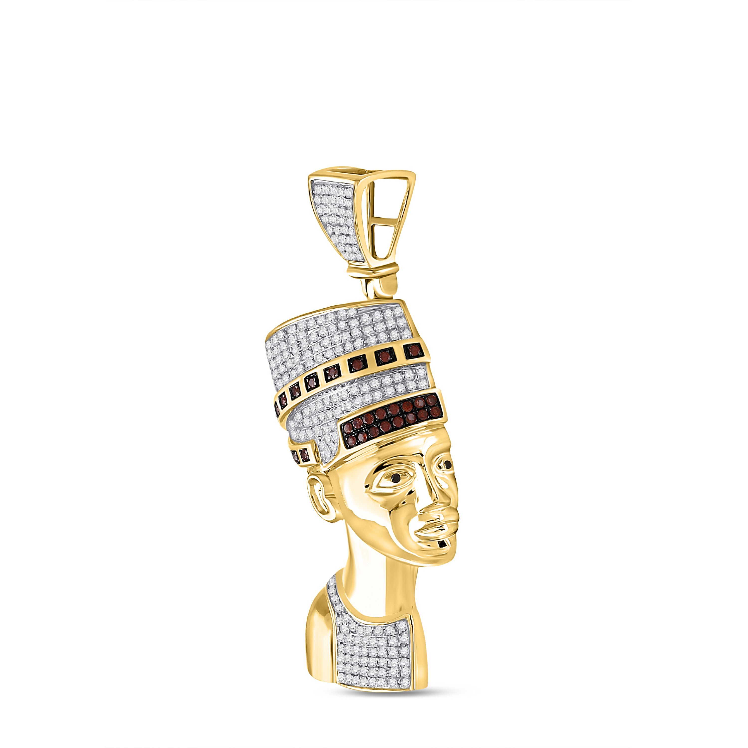 10kt Yellow Gold Mens Round Red Color Enhanced Diamond Pharaoh Nefertiti Pendant 1 Cttw