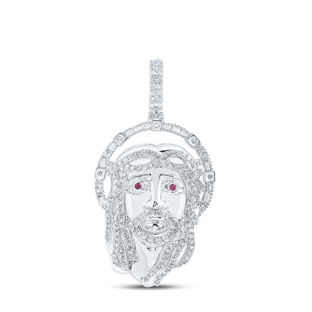 10kt White Gold Mens Round Diamond Ruby Jesus Face Charm Pendant 1-3/4 Cttw