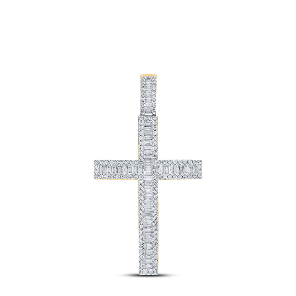 10kt Yellow Gold Mens Baguette Diamond Cross Charm Pendant 2-1/2 Cttw