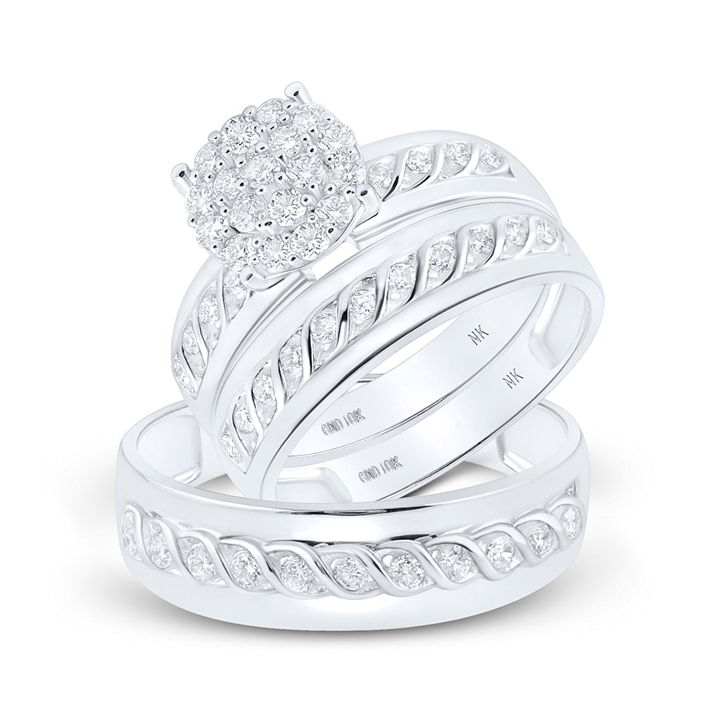 10kt White Gold His Hers Round Diamond Cluster Matching Wedding Set 3/4 Cttw