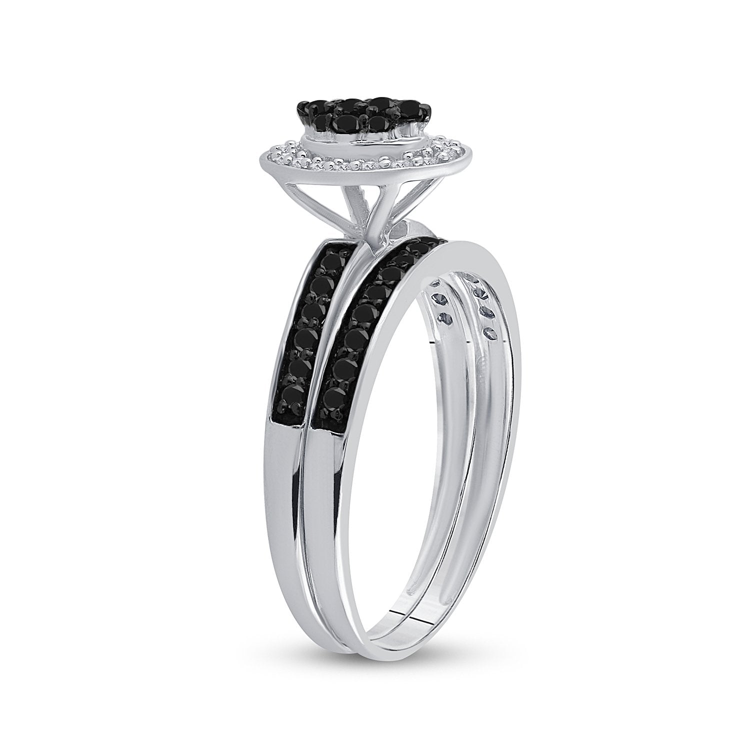 Sterling Silver Round Black Color Enhanced Diamond Bridal Wedding Ring Band Set 1/2 Cttw