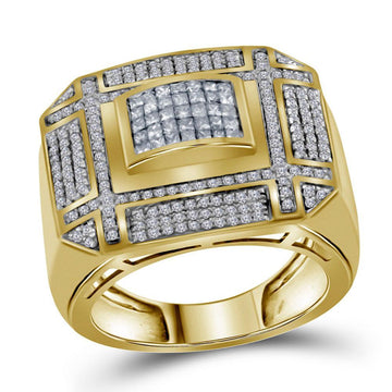 14kt Yellow Gold Mens Princess Diamond Grid Cluster Ring 1 Cttw