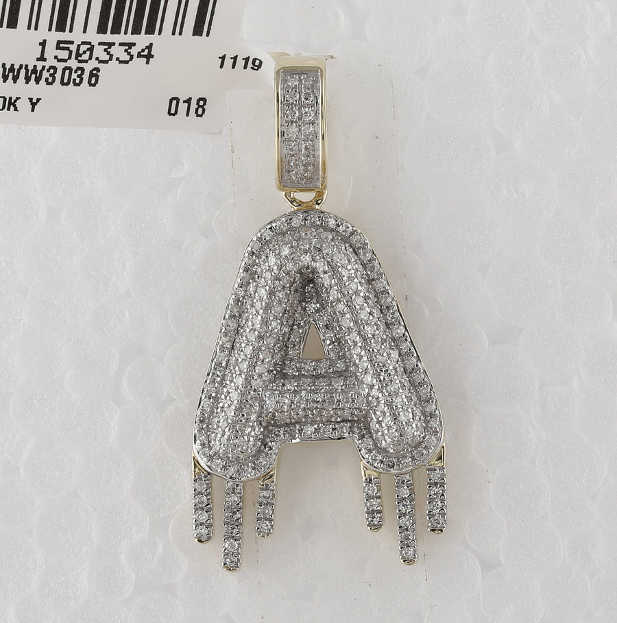 10kt Yellow Gold Mens Round Diamond Dripping Letter A Charm Pendant 3/4 Cttw