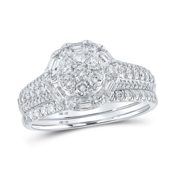 10kt White Gold Round Diamond Halo Cluster Bridal Wedding Ring Band Set 1 Cttw