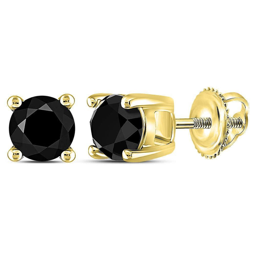 14kt Yellow Gold Unisex Round Black Color Enhanced Diamond Solitaire Stud Earrings 1 Cttw