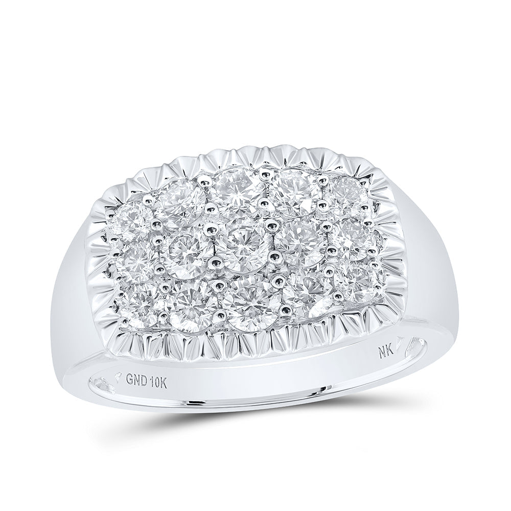 10kt White Gold Mens Round Diamond Fluted Cluster Ring 1-1/2 Cttw