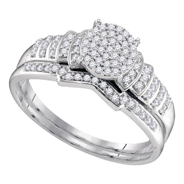 Sterling Silver Round Diamond Cluster Bridal Wedding Ring Band Set 1/4 Cttw