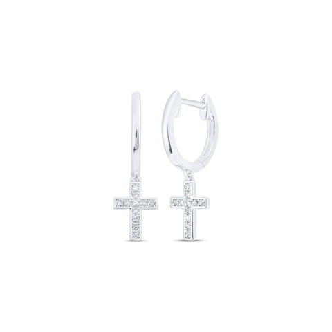 10kt White Gold Womens Round Diamond Cross Dangle Earrings 1/20 Cttw