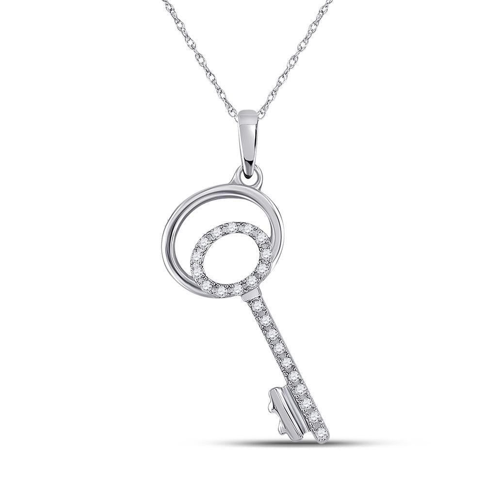 10kt White Gold Womens Round Diamond Key Pendant 1/12 Cttw