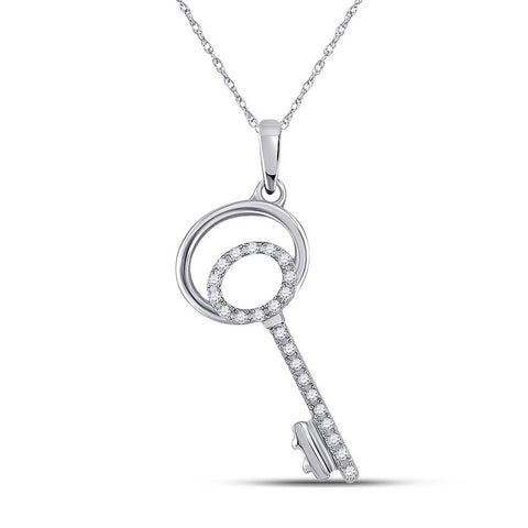 10kt White Gold Womens Round Diamond Key Pendant 1/12 Cttw