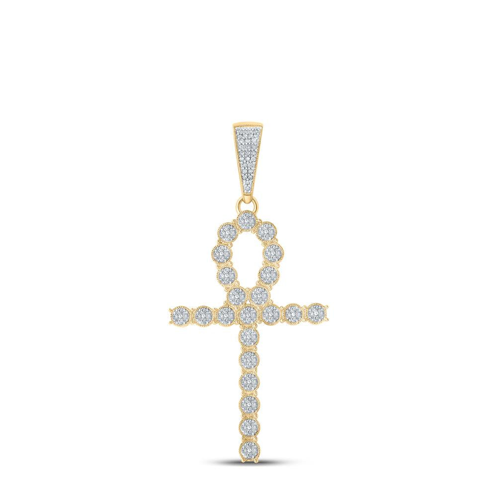 10kt Yellow Gold Mens Round Diamond Ankh Cross Charm Pendant 5/8 Cttw