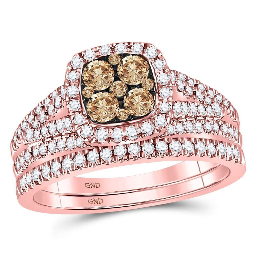 14kt Rose Gold Womens Round Brown Diamond Bridal Wedding Ring Band Set 1 Cttw