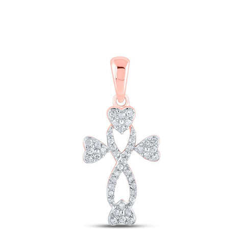 10kt Rose Gold Womens Round Diamond Cross Heart Pendant 1/6 Cttw