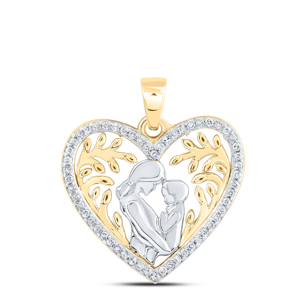 10kt Yellow Gold Womens Round Diamond Mom Child Heart Pendant 1/10 Cttw