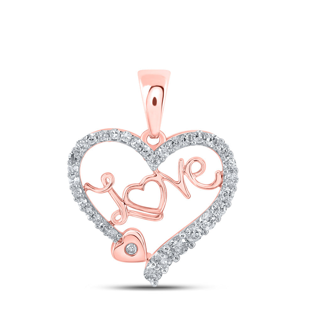 10kt Rose Gold Womens Round Diamond Love Heart Pendant 1/3 Cttw