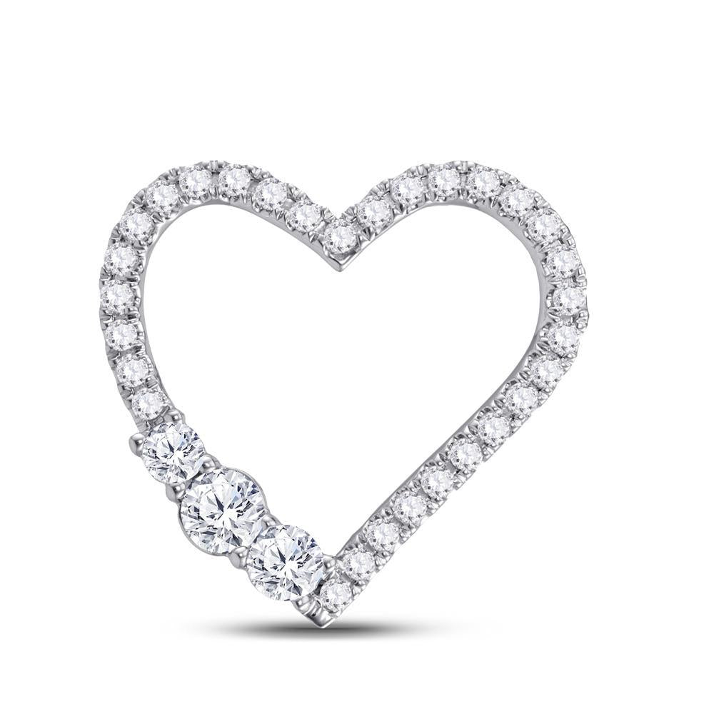 14kt White Gold Womens Round Diamond 3-Stone Heart Pendant 1 Cttw