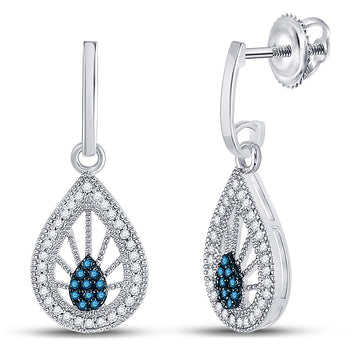 10kt White Gold Womens Round Blue Color Enhanced Diamond Teardrop Earrings 1/4 Cttw